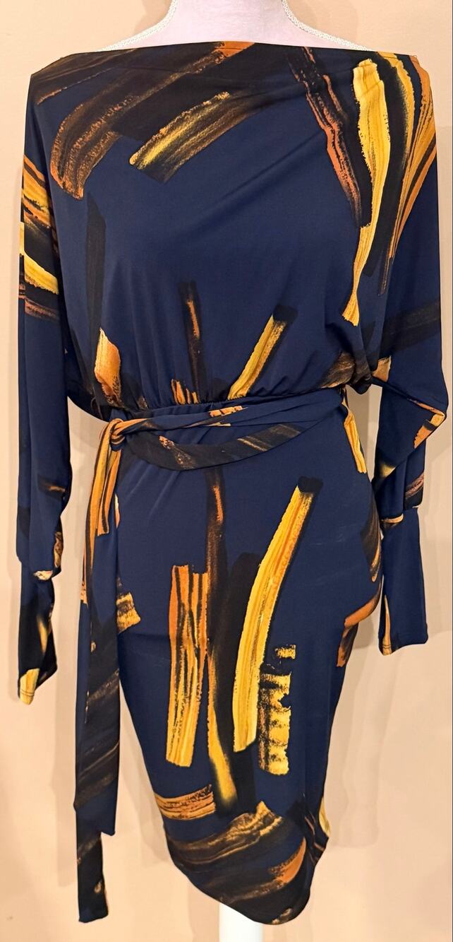 Calvin Tran Designer Abstract Brushstroke Midi Dress Womens Medium Navy Gold